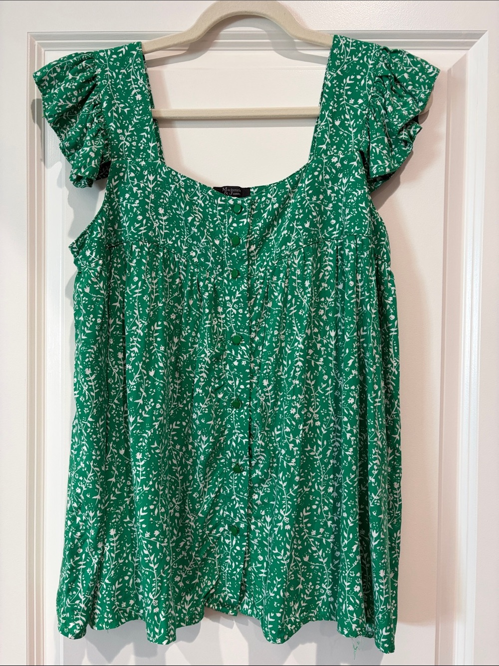 Mackenzie & James green bohemian romantic flowy front button blouse, size M